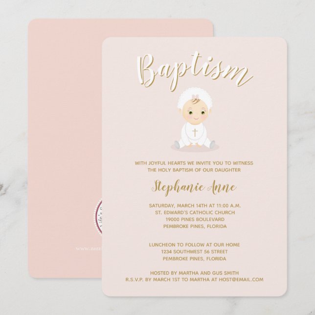 Taufe Baby Girl mit Bonnet Einladung (Vorne/Hinten)