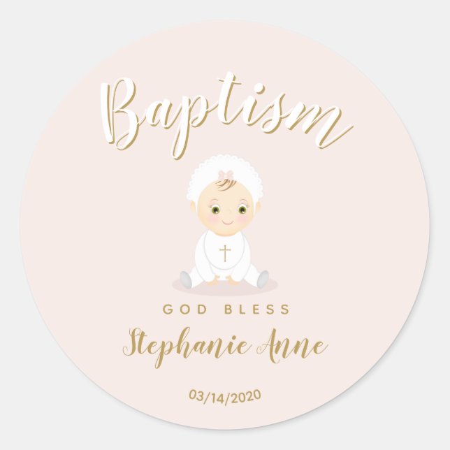 Taufe Baby Girl mit Bonnet Runder Aufkleber (Vorderseite)