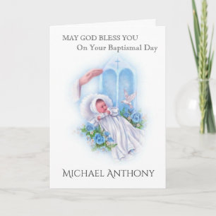 Taufe Baby Junge Blaue Rosen Kreuz Katholisch Karte