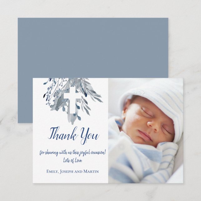Taufe Baby Junge danke Ihnen blauen Aquarell Einladung (Vorne/Hinten)