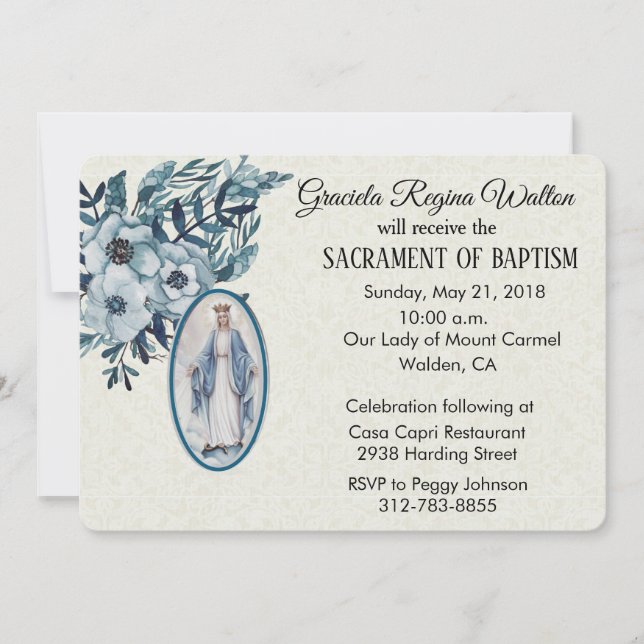 Taufe Baby Jungfrau Mary Blue Blumen Einladung (Vorderseite)