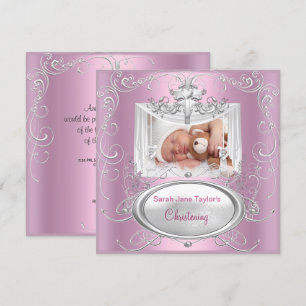 Taufe Baby Mädchen Silber Rosa Kreuz Einladung