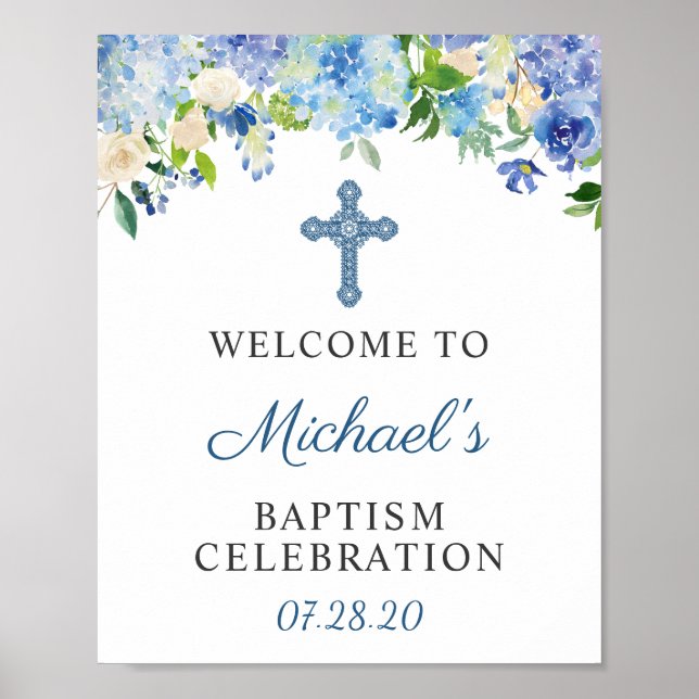 Taufe Begrüßung Blauer Hydrangea Bläschen Poster (Vorne)