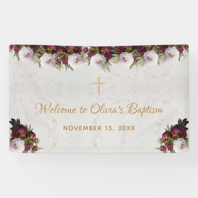 Taufe Begrüßung Burgundy Peony Marble Gold Cross Banner (Horizontal)