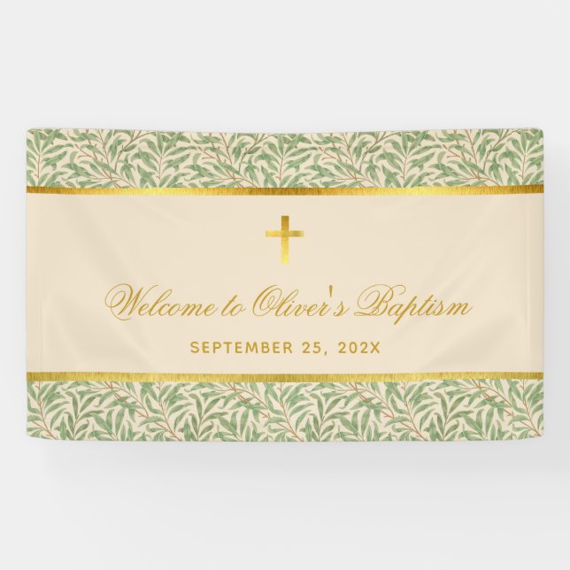Taufe Begrüßung Foliage Imitats Gold Green Blätter Banner (Horizontal)