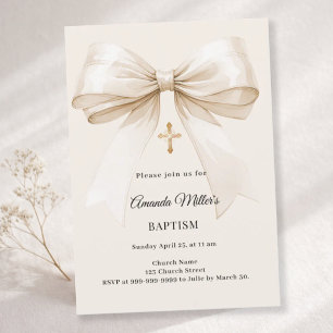 Taufe beige Schleife elegant neutral Einladung