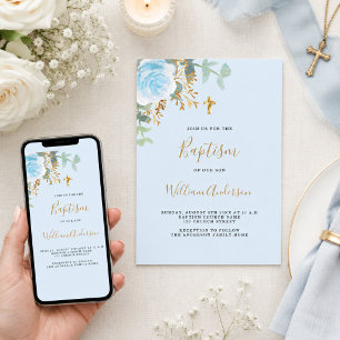 Taufe blau floral Junge goldenes Kreuz Einladung