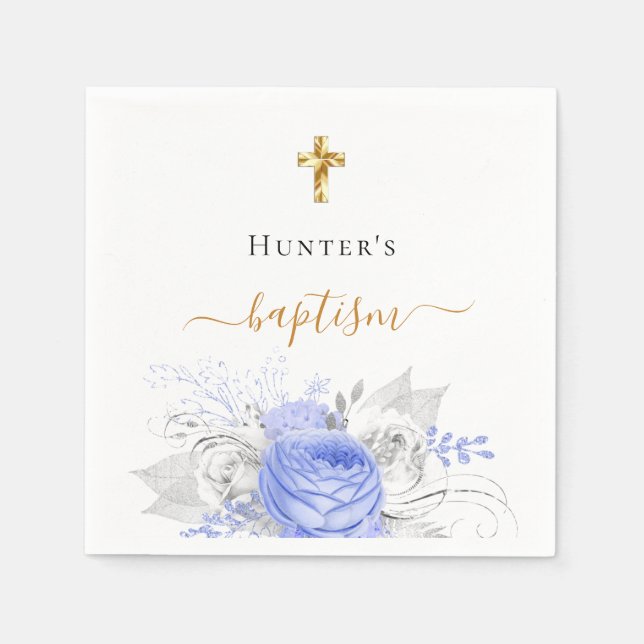 Taufe blau floral weiß, eleganter Name Drehbuch Ju Serviette (Vorderseite)
