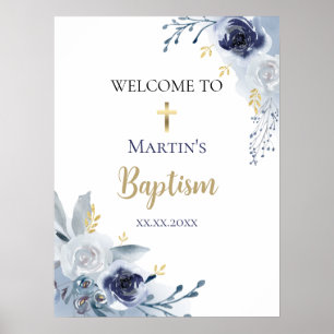 Taufe blaue Rosen Baby Junge Willkommen Poster