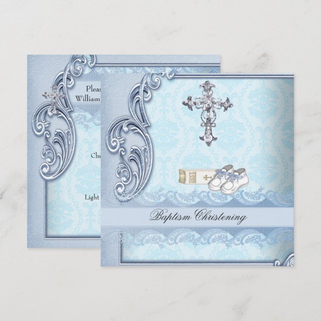 Taufe Blauer Aquamariner Kreuz Damask Taufen Einladung (Vorne/Hinten)