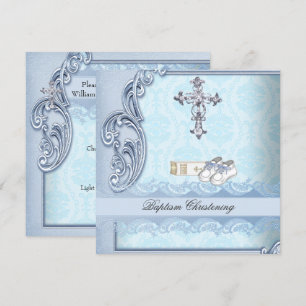 Taufe Blauer Aquamariner Kreuz Damask Taufen Einladung