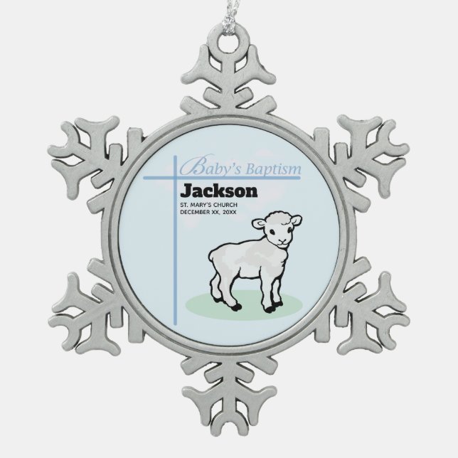 Taufe Blauer Junge Lamm, anpassbar Schneeflocken Zinn-Ornament (Vorderseite)