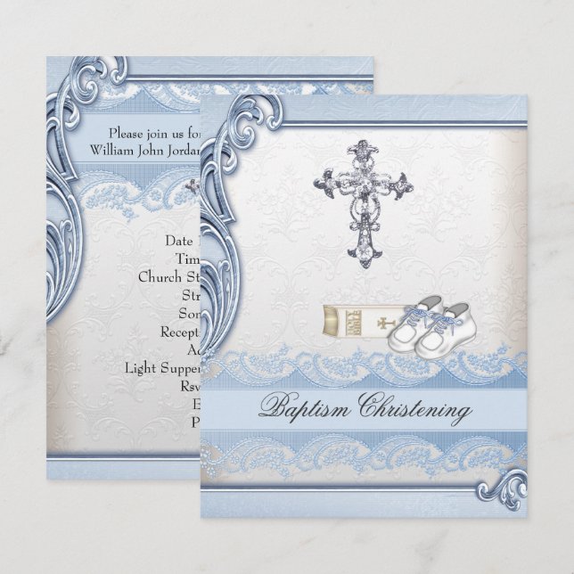Taufe Blaues Kreuz Damask Taufen Einladung (Vorne/Hinten)