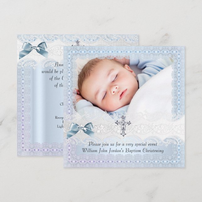 Taufe Blaues Spitzen Foto Jewel Cross Boy 2 Einladung (Vorne/Hinten)