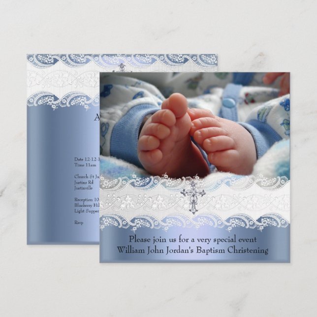 Taufe Blaues Spitzen Foto Jewel Cross Boy Einladung (Vorne/Hinten)