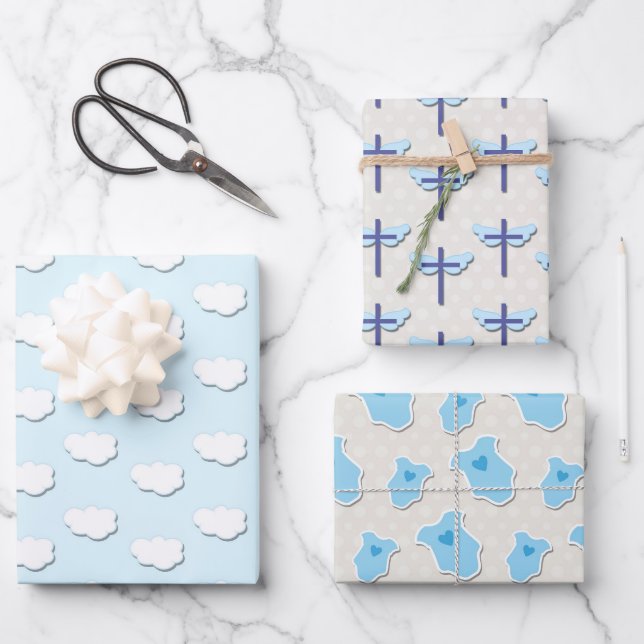 Taufe Blue Baby Cloud Cross Geschenkpapier Set (Vorderseite)