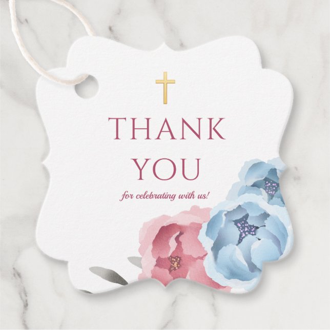 Taufe Blue Blush Pink Floral Vielen Dank Geschenkanhänger (Vorderseite)