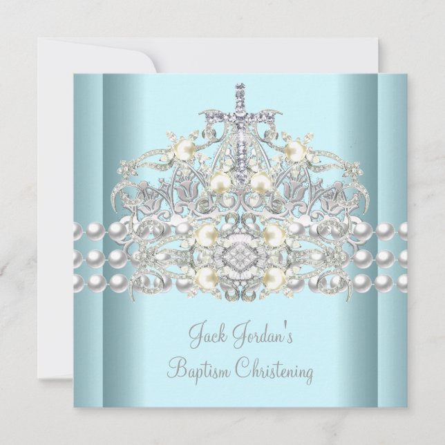Taufe Blue Tiara Silver White Pearl Diamond Einladung (Vorderseite)
