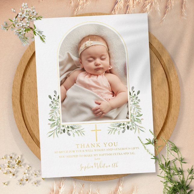 Taufe Blumenstrauß Foto Gold Folie Dankeschön Kart Folieneinladung (Baptism Floral Arch Photo Gold Foil Thank You Card)