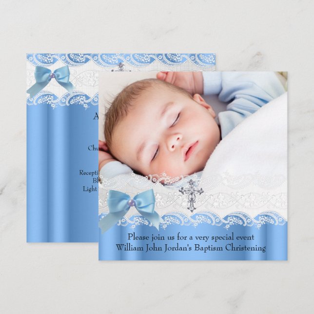 Taufe Boy Blue White Lace Foto Jewel Cross Bow Einladung (Vorne/Hinten)