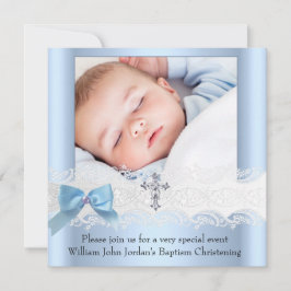 Taufe Boy Foto Blue White Lace Jewel Cross 3 Einladung