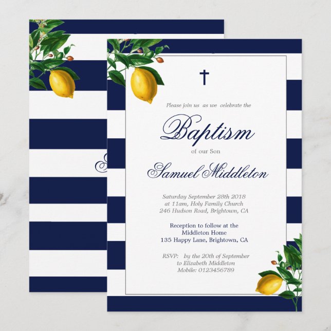 Taufe Boy Navy Stripes Lemons Silver Religious Einladung (Vorne/Hinten)