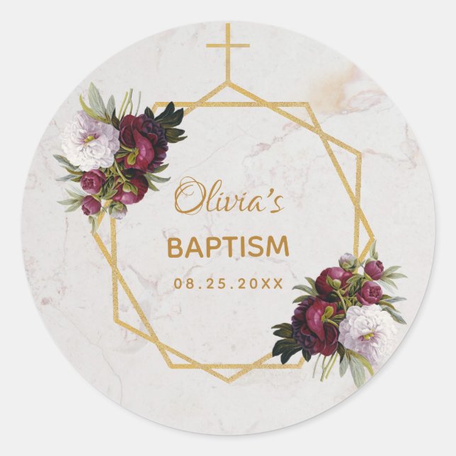 Taufe Burgundy Peonies Marble Gold Geometric Runder Aufkleber (Vorderseite)