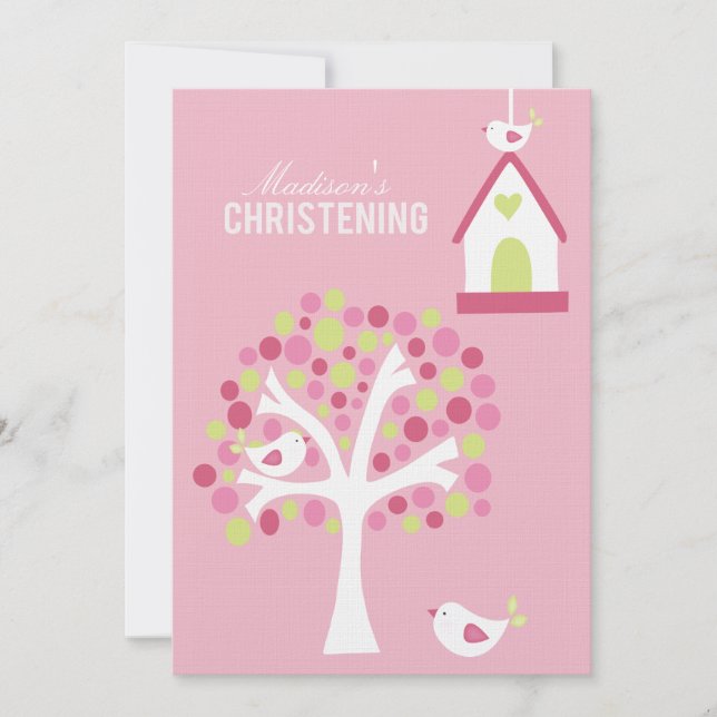 Taufe Christening Bird Tree individuelle Einladung (Vorderseite)
