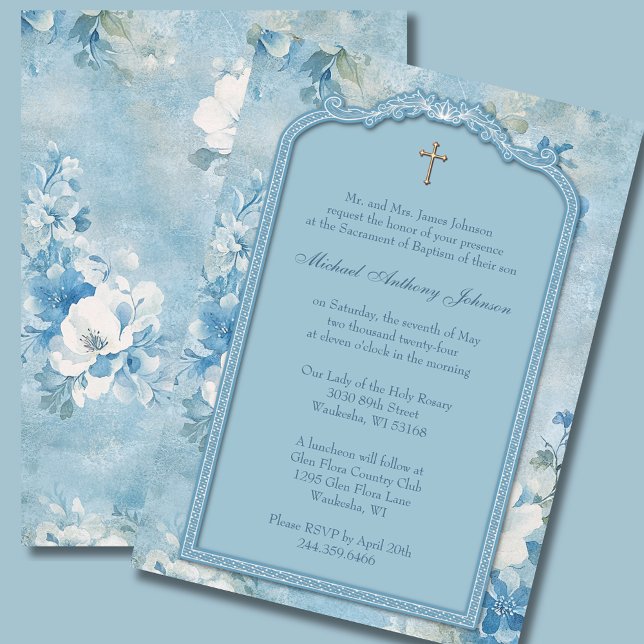 Taufe Christening Blue White Floral Einladung (Von Creator hochgeladen)