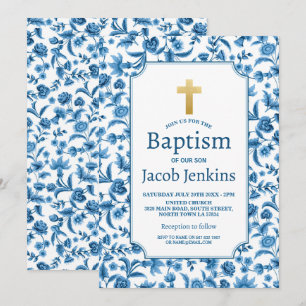 Taufe Christening Blue White Floral Gold Cross Einladung