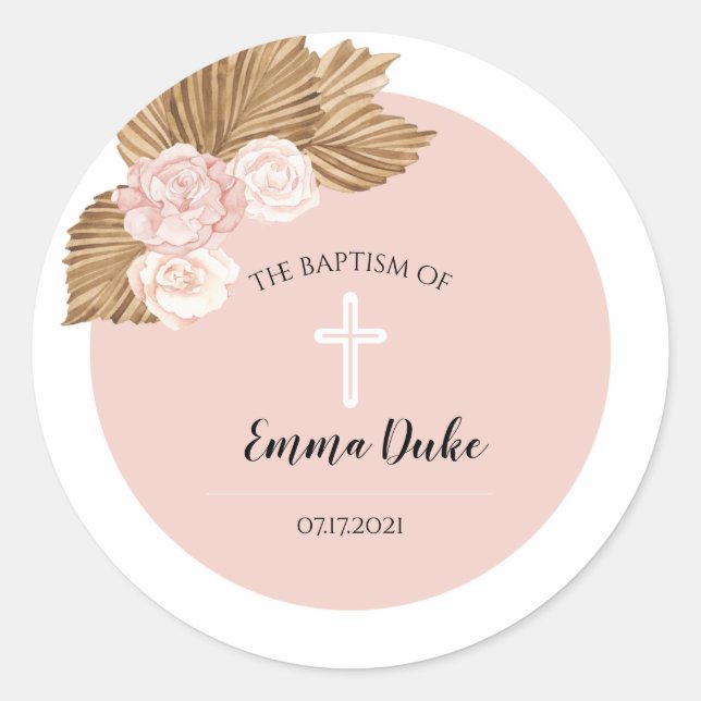 Taufe Christening Blush Arch Boho Einladung Runder Aufkleber (Vorderseite)