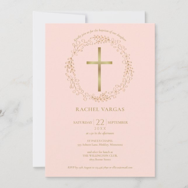 Taufe Christening Blush Pink Gold Cross Bloral Einladung (Vorderseite)