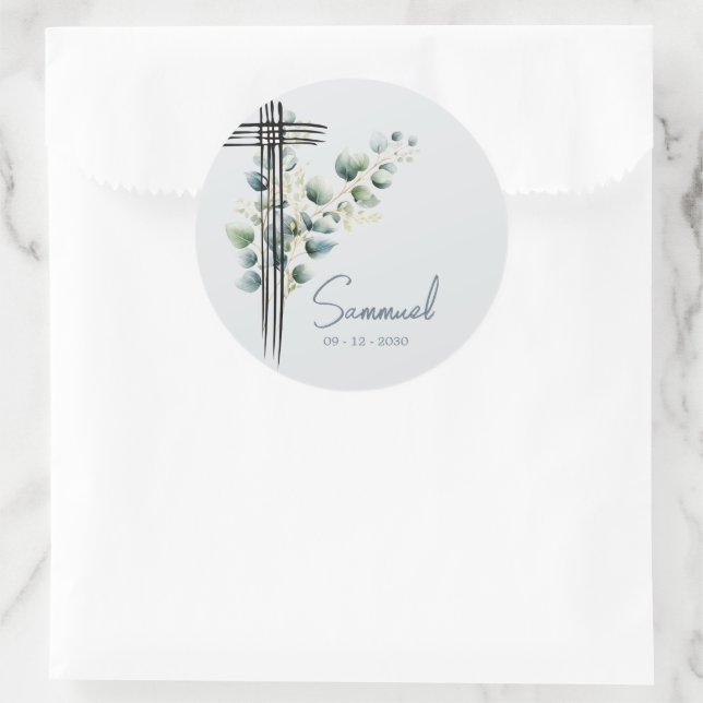 Taufe Christening Boy Modernes Botanisches Kreuz Runder Aufkleber (Tasche)