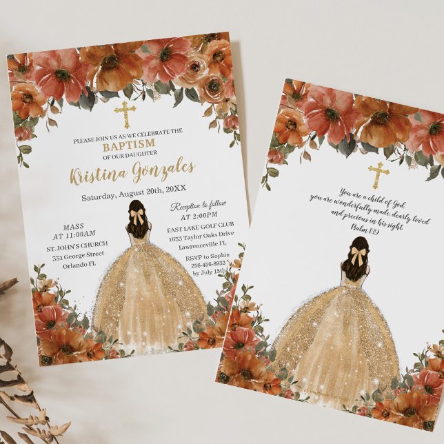 Taufe Christening Burnt Orange Fall Floral Gold Einladung (Von Creator hochgeladen)