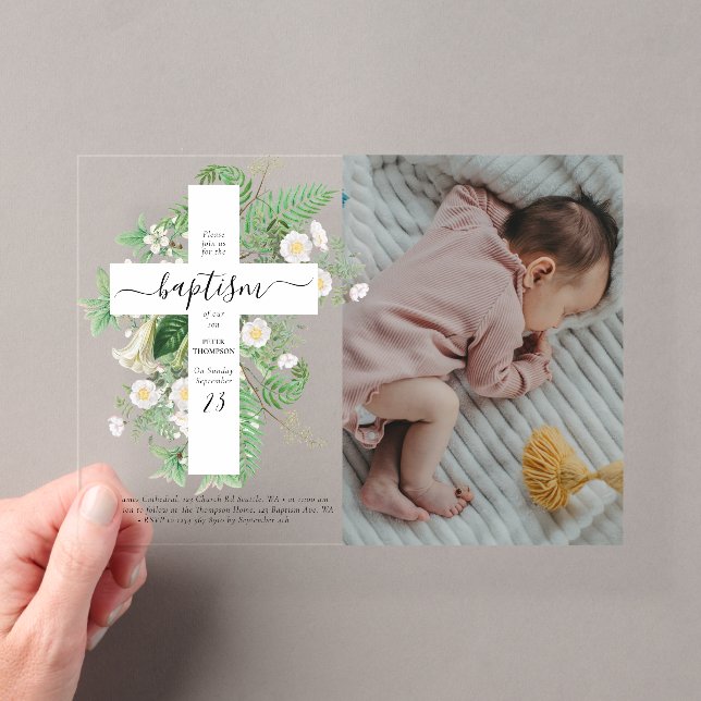 Taufe Christening Cross Green Custom Foto Acryleinladungen (Insitu (Handheld))