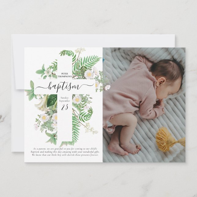 Taufe Christening Cross Green Custom Foto Dankeskarte (Vorderseite)