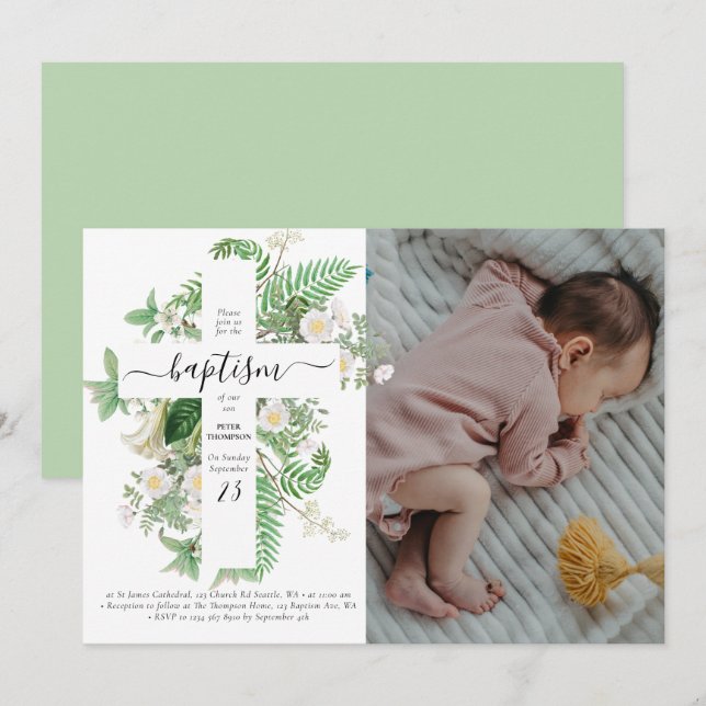 Taufe Christening Cross Green Custom Foto Einladung (Vorne/Hinten)