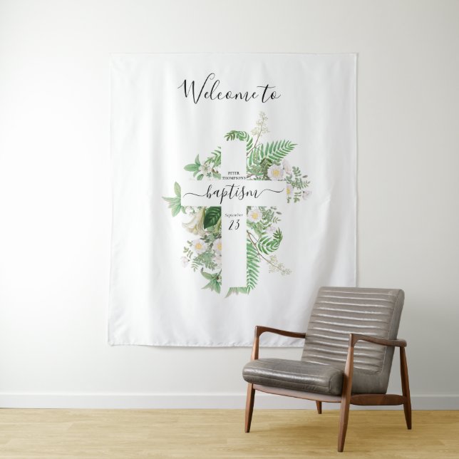Taufe Christening Cross Green Willkommenszeichen Wandteppich (Beispiel)