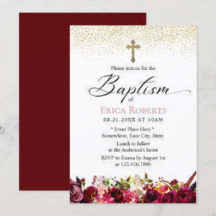 Taufe Christening Elegant Burgundy Rote Flora Einladung