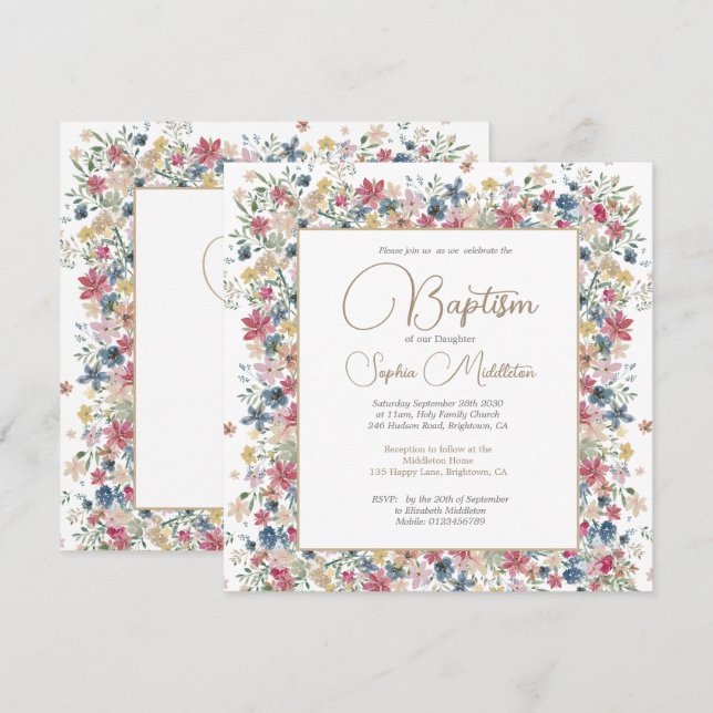 Taufe Christening Elegant Floral Religious Einladung (Vorne/Hinten)