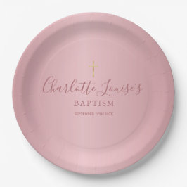 Taufe Christening Elegante Rose Gold Script Pappteller