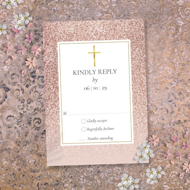 Taufe Christening Erste heilige Kommunion Rose Gol RSVP Karte (Baptism Christening First Holy Communion Rose Gold RSVP Card)