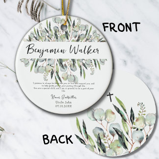 Taufe Christening Eukalyptus Blätter Godvater Keramik Ornament