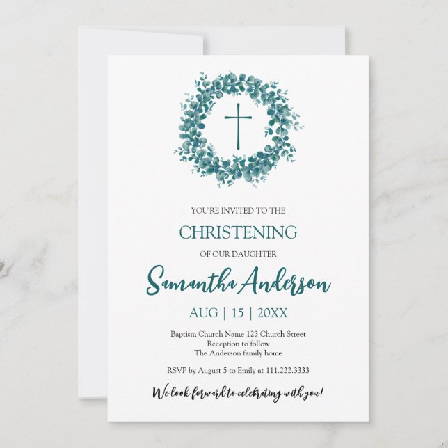 Taufe Christening Eukalyptus Grüne minimalistisch Einladung (Vorderseite)
