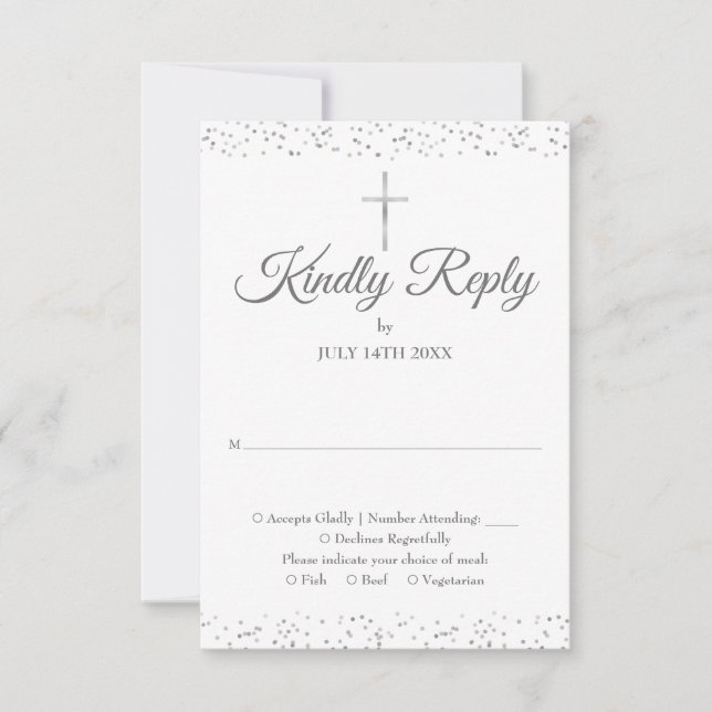 Taufe Christening First Heilige Kommunion Silver RSVP Karte (Vorderseite)