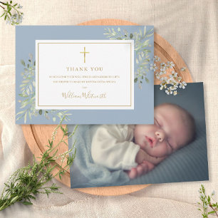 Taufe Christening Foliage Staubblau Foto Dankeskarte