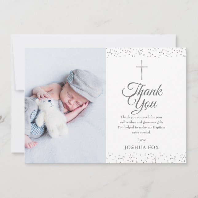 Taufe, Christening Foto Modernes Silber Dankeskarte (Vorderseite)
