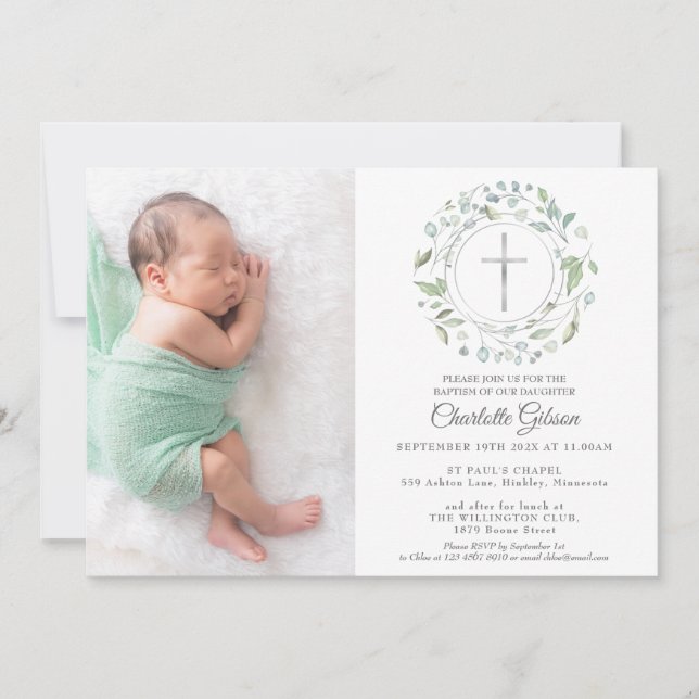 Taufe Christening Garland Silver Cross Foto Einladung (Vorderseite)