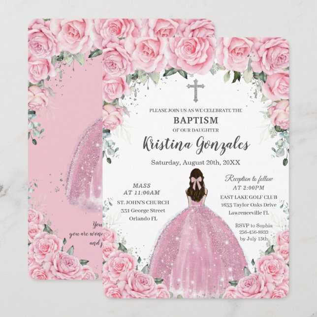 Taufe Christening Girl Pink Floral Silver Cross Einladung (Vorne/Hinten)