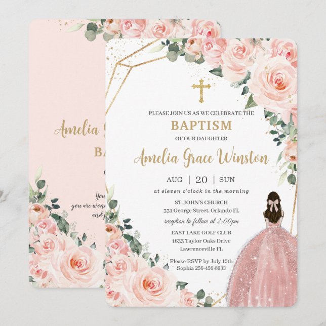 Taufe Christening Gold Blush Blume Girl Einladung (Vorne/Hinten)